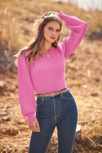 Image of MASCOMODA Womens Puff Long Sleeve Ribbed Sweater Bodysuits | Fall Winter Outfits 2026, Crewneck Knitted Bodysuit Dressy Casual, Cute Slim Fit Pullover Tops, Work, Date, Dress Up & Down