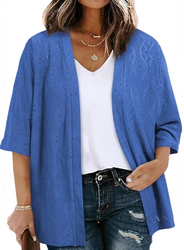 Image of Eytino Plus Size Cardigan for Women Half Sleeve Knitted Jacquard Summer Kimono Cover up Tops(1X-5X)