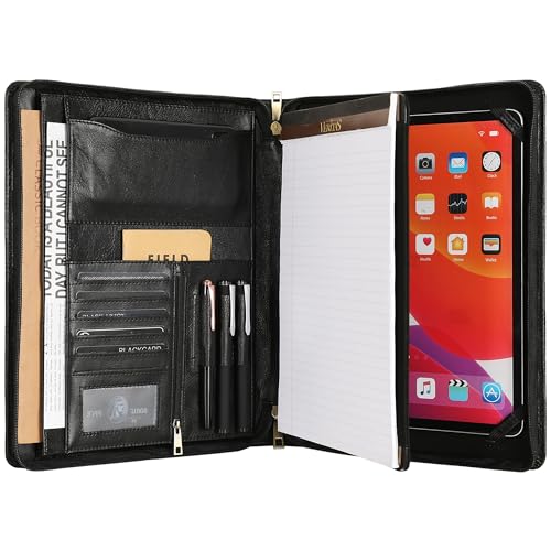 Leather Portfolio for 12.9 inch iPad Pro (2018/2020/2021/2022), Leather Padfolio Organizer with Ipad Holder for Letter Size Notepad, Personalized Portfolio for Men/Women (Black, Non-Custom)