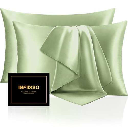 Image of INFIIXSO Silk Pillow Cases 2 Pack Standard Size, Ultra Smooth & Soft Mulberry Silk Pillow Case for Hair and Skin, Breathable Cooling Silk Pillowcase with Hidden Zipper (Sage Green, 20x26 Inches)