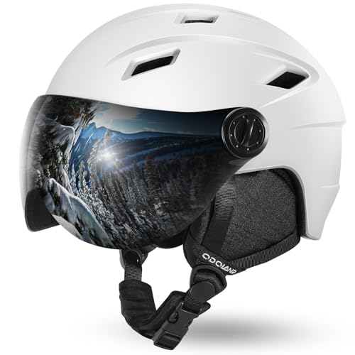 Odoland Snow Ski Helmet with Detachable Visor, Shockproof/Windproof for Skiing, Light Weight Snowboard Helmet and 2-in-1 Visor Detachable Goggles Set for Men Women White L(59-63cm/23.23-24.8