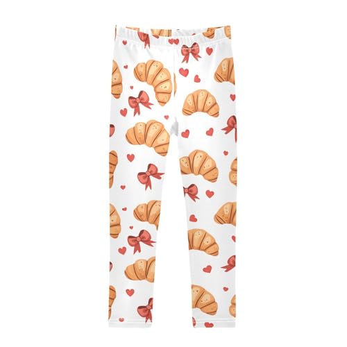 Cute Croissant Bread Bow Girls Leggings Soft Stretch Workout Yoga Dance Pants for Kids Casual Tights