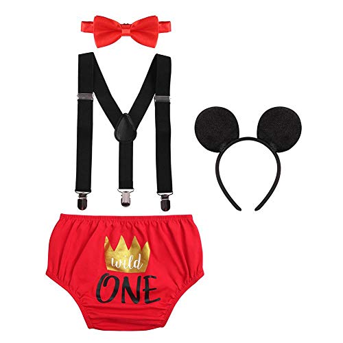 Baby Boys Girls First Birthday Photography Cake Smash Outits Lion Wild One Crown for 1st Birthday Dress Up Party 4PCS Diaper Cover Bowtie Suspenders Headbands Crown Black-Wild One 12-18 Months