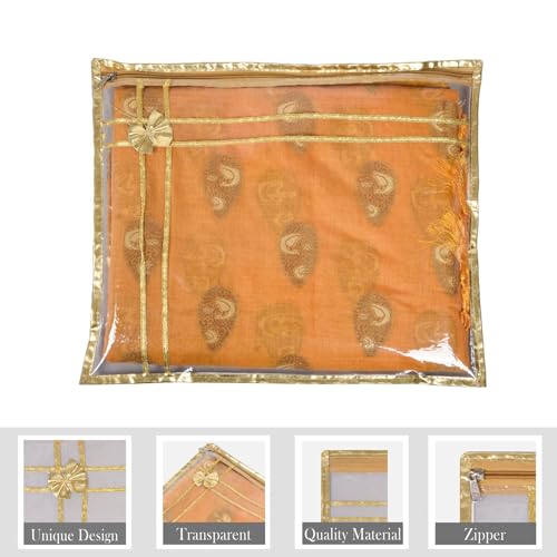 Image of Kuber Industries Polyvinyl Chloride Saree Cover | Clothes Storage Bag | Single Packing Saree With Zip Closure | Bow Design With Golden | Pack Of 6 | Transparent, 36 Cm, 1 Cm