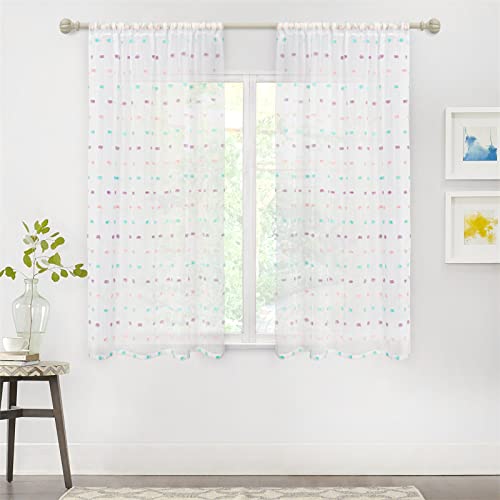 Image of MYSKY HOME Rainbow Pom Pom Curtains for Girls Bedroom 63 Inches 2 Panels
