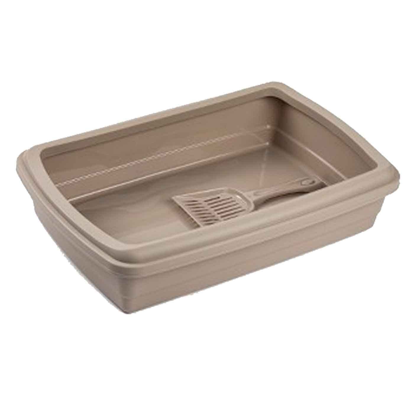 AC - Arenero para Gatos con Pala - Bandeja higiénica de plástico con Borde Superior extraíble - Gatera, Caja Arena Sanitaria - 47 x 31 x 11 cm - Color Marrón