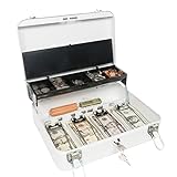 Certus Global Large Cash Box with Money Tray, Secure Lock, Cantilever Coin Tray 4 Bills/ 5 Coins (Crisp White)