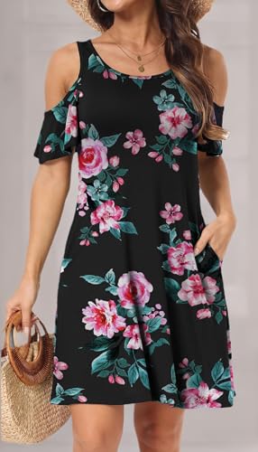 Image of Short /Long Sleeve Women's Cold Shoulder Dress with Pockets Casual Swing T-Shirt Dresses