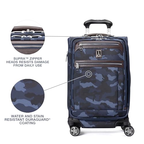 Image of Travelpro Platinum Elite Softside Expandable Carry on Luggage, 8 Wheel Spinner Suitcase, USB Port, Suiter, Men and Women, Navy Camouflage, Carry On 21-Inch