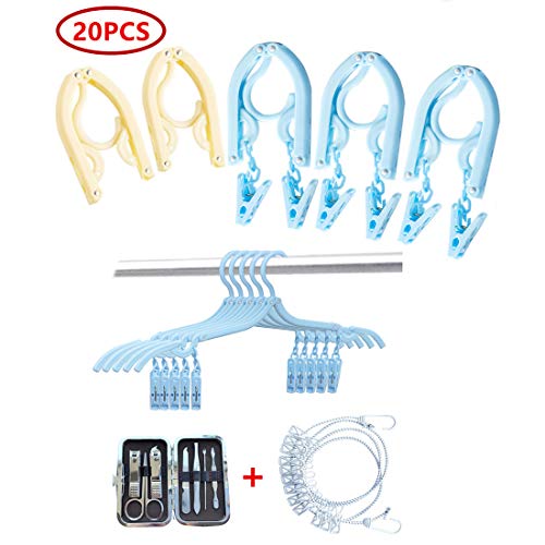 20 Pcs Travel Hangers Portable Folding Clothes Hangers Travel Accessories Foldable Clothes Drying Rack for Travel Lightweight FREE BONUS Portable Long Clothesline and Nail Clippers Traveler Sets