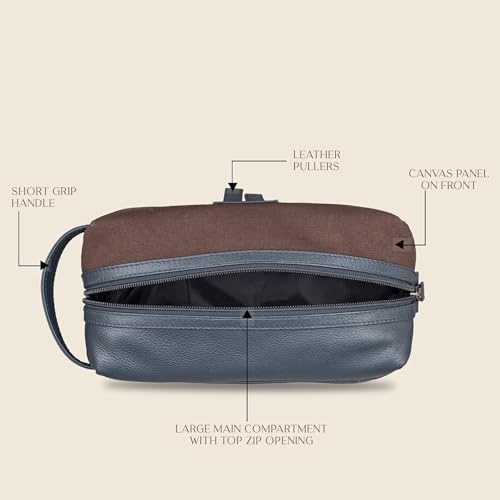 Image of Handcuffs Genuine Leather Canvas Toiletry Bag for Men, Shaving Kit Bag, Portable Travel Organizer, Pouch for Travelling - Navy Brown