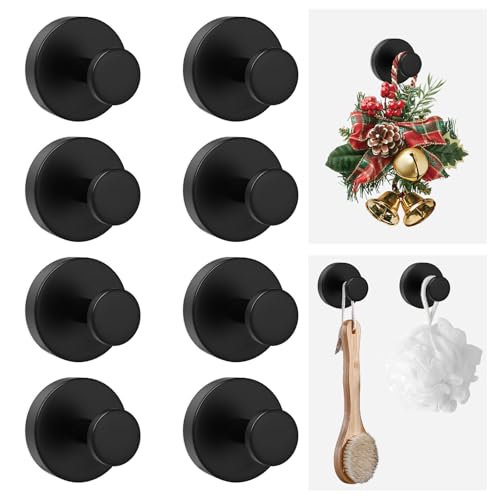 8 Pack Suction Cup Hooks for Shower, Removable Stainless Steel Towel Shower Hooks, Adhesive Wall Hook for Front Door, Bathroom, Glass Window, Kitchen, Mirror, Tile, to Hang Towel, Wreaths (Black)