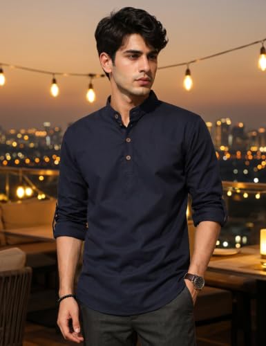 Image of Fifth U Men's Cotton Polyester Blend Solid Mandarin Collar Self Design Full Sleeve Casual Short Kurta