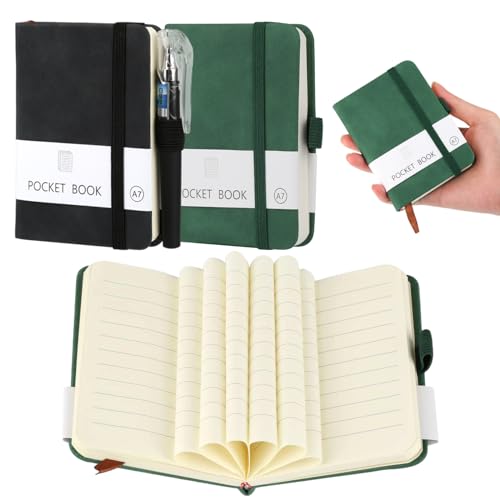 HOCUCHELAND 2 Pieces Pocket Notebook A7 Hardcover Small Notebooks Pocket Size with Pen A7 Notebook with Elastic Closure Band and Pen Holder Mini Notepads for Travel Journal Work
