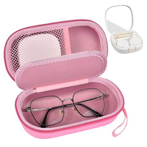 GWCASE Portable 2 in 1 Contact Lens Case and Glasses Case, Traveling Cases Bag Box Holder with Soak Storage Kit Included Built-in Mirror, Tweezer, Contact Lens Solution Bottle and Hand Strap-Pink