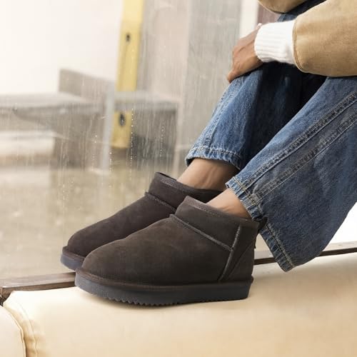 DREAM PAIRS Ankle Winter Mini Boots for Women Genuine Suede Faux Fur Lining Water Resistant Warm Snow Boots Slip On Memory Foam Comfort Booties FuzzyClassic,Size 8,Taupe,SDSB2405W