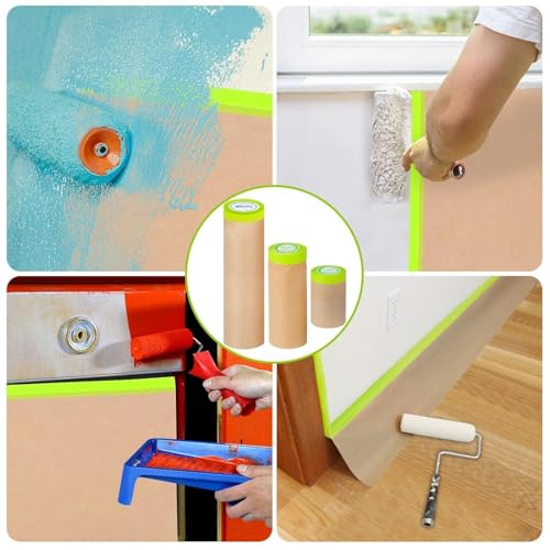 Image of Pre-Taped Painting Masking Paper: 8 Rolls 6 Inch x 50 Feet Tape and Drape Painters Paper, Self-Adhesive Paint Protective Kraft Paper Roll