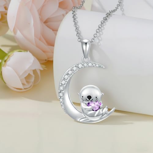 Image of PROESS Animal Birthstone Necklace 925 Sterling Silver Otter /Axolotl /Hippo /Elephant /Dachshund /Monkey /Red Panda Pendant Necklace Animal Birthstone Jewelry Gifts for Women
