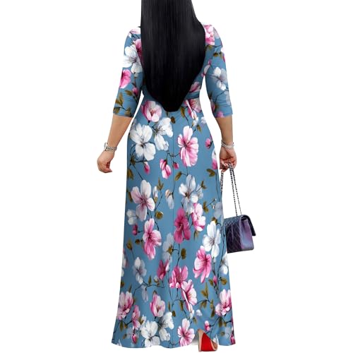 Image of Women Plus Size Long Sleeve V Neck Maxi Dress with Belt | Soft fabric relaxed fit three quarter sleeve v neck with pockets for party and daily wear