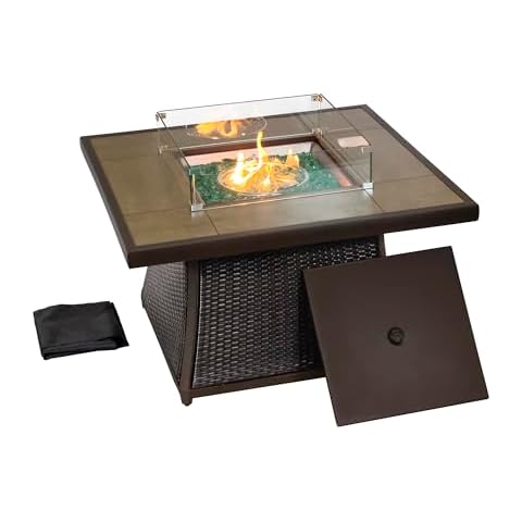 Kinger Home Elio Rattan 42- Inch Propane Gas Fire Pit Table, Outdoor Patio Firepit Dining Table, CSA Certified 50000 BTU Outdoor Patio Firepit with Tile Top, Includes Wind Guard and Fire Glass Cover