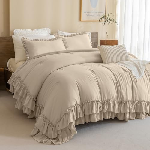 Masaca Farmhouse King Size Comforter Set,Shabby Boho Chic Bedding Ruffled Linen Feel Textured King Bed Comforter Vintage Rustic French Country Bedding Sets 3 Pieces