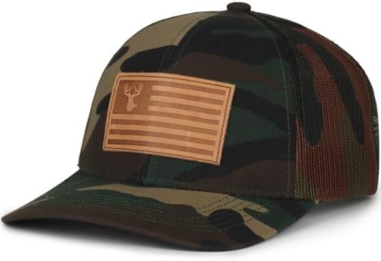 Whitetail Deer American Flag Camo Trucker Hat – Woodland Hunting Snapback Cap for Men, with Mesh Back, One Size