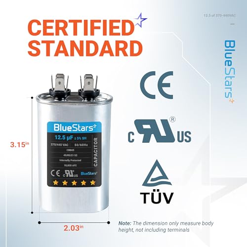12.5 uF MFD ±5% 370 VAC or 440 VAC CBB65 Oval Run Start Capacitor - Replacement Part by BlueStars - Exact Fit for Condenser Straight Cool or Heat Pump Air Conditioner - Replaces 97F9003, Z97F9003