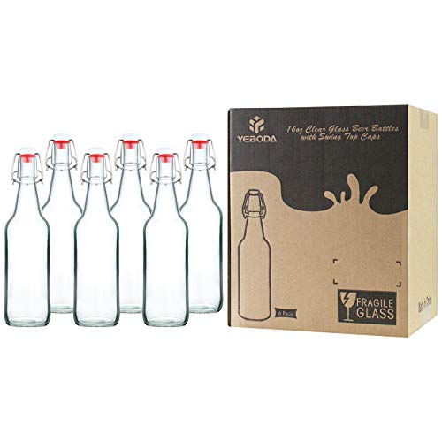 Image of YEBODA 16 oz Clear Swing Top Glass Bottles with Airtight Lids, 6 Pack | Reusable clear glass bottles for home brewing, kombucha, beer, soda, juice, water, kefir, vanilla extract, oil and vinegar