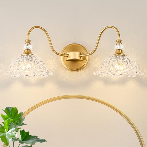 Image of Gold Bathroom Vanity Light, 2-Light Brushed Gold Finish Vanity Light with Floral Clear Glass Shades, Retro Wall Mount Lighting for Bathroom, Dressing Table