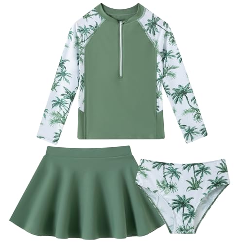 Image of Girls Rash Guard 3 Piece Swimsuit Set UPF 50+ Long Sleeve Swim Skirt Sets Size 6-12 Years