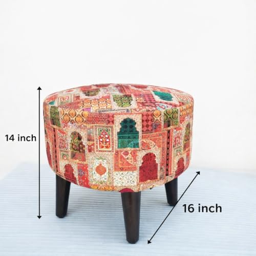 Image of Wooden Ottoman Pouffe Stool - Beige Cotton Cushioned Footrest | Solid Wood Walnut Finish Multipurpose Side Stool for Living Room, Bedroom, Kids Room & Dressing Table