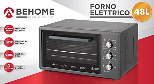 Behome Four électrique 48 litres ventilé émaillé auto-nettoyant avec lumière intérieure | température jusqu'à 320° double verre résistant à la chaleur et minuterie 2 plaques et 1 grille (noir) – Image 4