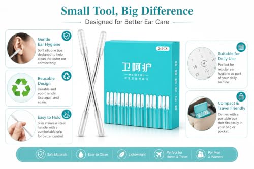 Image of Reusable Ear Cleaning Kit with Soft Silicone Tips, 24 PCS Ear Wax Cleaner Tool Set, Stainless Steel Ear Pick with Protective Caps, Portable Ear Cleaner for Men, Women & Kids
