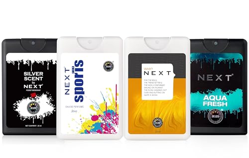 Image of Next Care Luxury Pocket Perfume for Men, combo pack of 4, 20ml each | Long Lasting mini Body Spray | Sports, WHY, Aqua Fresh, Silver Scent | No Gas Small pocket deo