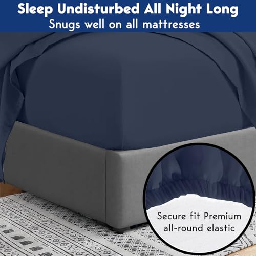 Image of Elastic Fitted Bedsheet Double Size Bed with 2-Pillow Covers 100% Egyptian Cotton Fits 1000 TC Soft & Breathable Luxurious Bedrooms and Hotels Use (Navy Blue) (Size: 78x60 Inch)