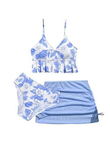 SHENHE Girl's 3 Piece Swimsuits Ruffle Flounce Floral Bathing Suit Bikini with Cover Up Skirt