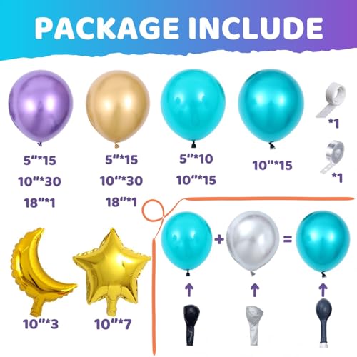 Image of 144pcs Eid Mubarak Balloon Arch Kit, Ramadan Eid al-Adha Decorations, Turquoise Teal Blue Purple Gold Moon Twinkle Star Balloons Garland, Happy Eid al-Fitr Party Muslim Islamic EID party for Home