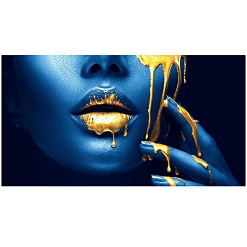 Sexy Gold Lips Blue Face Girl Pictures African Woman Canvas Paintings on The Wall Art Posters and Prints -30x60cm/11.8"x23.6" NoFrame Cover