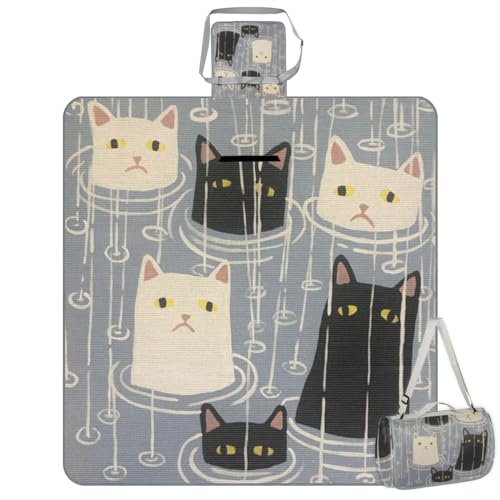 Shimoshe Picnic Blankets 57”x 59”, Cat in Rain Waterproof Sandproof Picnic Mat Lightweight Foldable Beach Blanket for Camping Park Grass Beach Outdoor Blanket