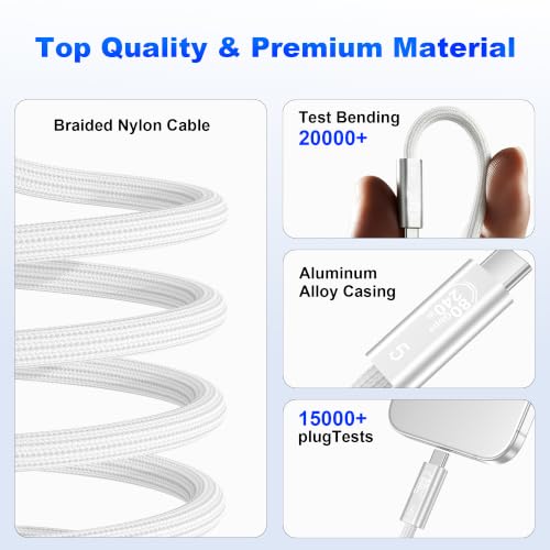 Image of 5FT White Braided USB4 Cable, 80Gbps 240W USB C Cable for Thunderbolt 5