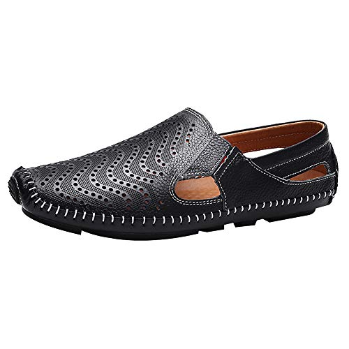 ANUFER Herren Atmungsaktiv Echtes Leder Ausgehöhlt Sommer Flache Slipper Schlüpfen Mokassins Fahrende Schuhe Schwarz SN010611 EU44.5