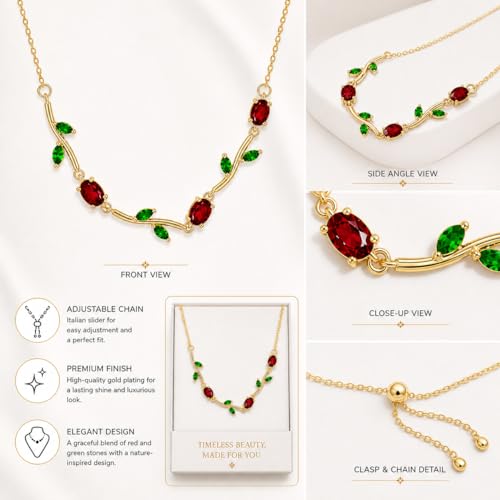 Image of Tulip Necklace for Women, Gold Toned Tulip Pendant with Red & Green Stones, Adjustable Chain, Elegant Jewellery Gift for Girls