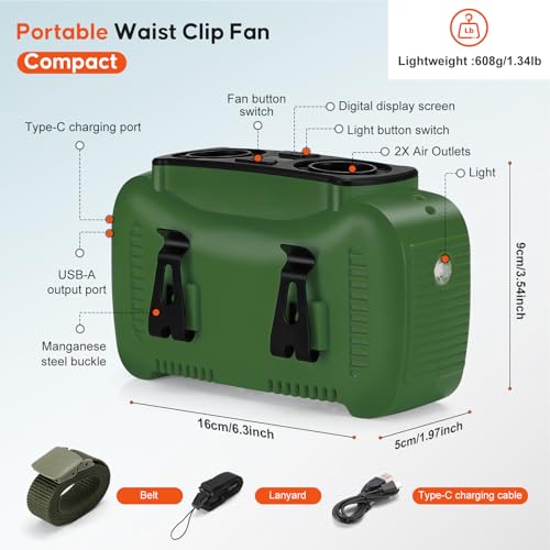 Image of Portable Waist Fan 16000mAh,Dual Brushless Motors,5 Speeds Belt Clip Fan Up to 25H Runtime,Wide-Range Airflow,3 Light Modes including SOS,Rechargeable Fan for Camping,Hiking, Fishing,Outdoor,Green