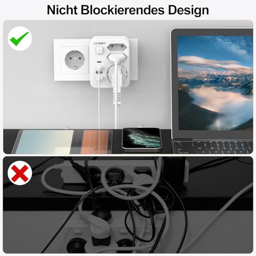 Doppelstecker für Steckdose mit 4 USB, 7 in 1 Steckdosenleiste 3 Fach Mehrfachsteckdose mit Schalter 3680W 16A Steckdosenadapter, Mehrfachstecker USB C Steckdosenverteiler für Büro Hause, Weiß 5