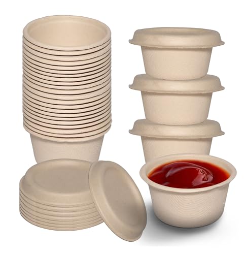 2 Oz Compostable Souffle Portion Cups with Fiber Lids - Condiment Paper Sample Cup with Lid Sugarcane Bagasse, Biodegradable Great For Sauces, Condiments, Slime, Jello Shot, Food Storage (50)