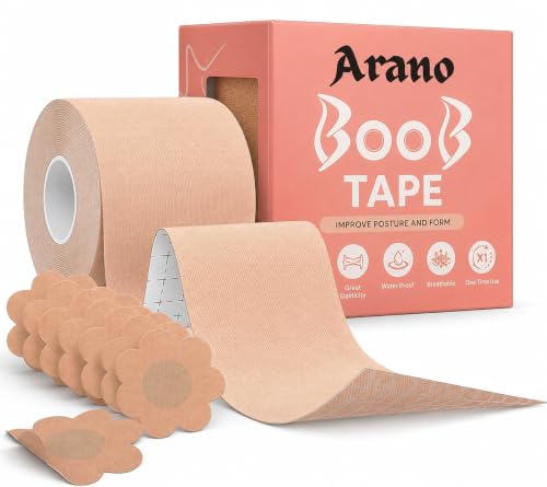 Image of Arano Boob Tape Kit (5cm Wide) for Breast Lift - Breathable Adhesive Sticky Bra Tape with 10 Nipple Covers | Invisible Push Up Support for Backless, Strapless & Deep Neck Dresses | Skin Tone Beige