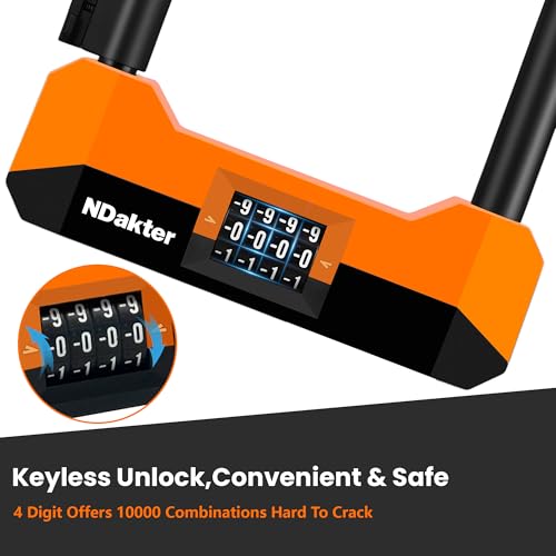 Image of NDakter Bike Locks Heavy Duty Anti Theft, 18mm Bicycle Combo U Lock, 4-Digit Resettable Combination Lock with 5FT Steel Cable and Bracket, for Electric Scooter, Ebike, Motorcycle (Orange)