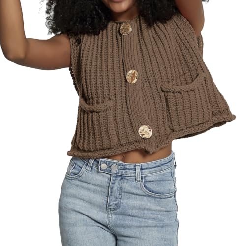 Women's Sleeveless Crochet Cardigan Vest Casual Fashion Button Down Open Front Sweater Vest with Pockets2