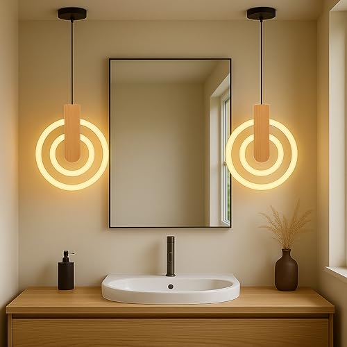 Image of Lampmaster Modern 2-Ring LED Pendant Light with Wooden Accent | Warm White Glow Ceiling Hanging Lamp | Elegant Chandelier for Dining Room, Bedroom, Living Room, Restaurants, Coffee Shop & Office
