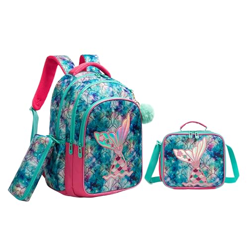Conjunto de Mochila Escolar Infantil com Bolsa Térmica e Estojo - Ideal para Meninos e Meninas de 7 a 12 Anos (Rabo de peixe rosa e verde)